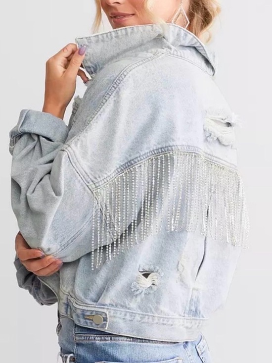 Blue B Collection Jackets & Blazers - BLUE B. BUCKLE RHINESTONE FRINGE DENIM JACKET S/M LIGHT WASH CONCERT WESTERN